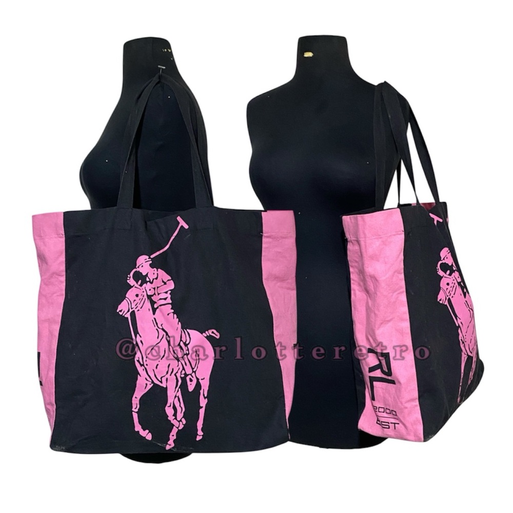 Y2K vtg Ralph Lauren • Colorblock Canvas Tote • Pink Jockey - Picture 3 of 5